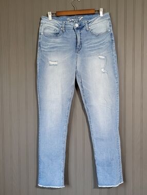 Seven 7 Denim Jeans Slim Straight Distressed Raw Hem Light Wash Blue Women's 10